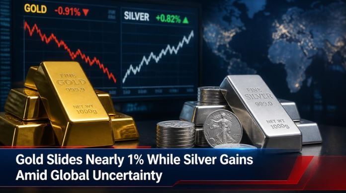 Gold Slides Nearly 1% While Silver Gains Amid Global Uncertainty